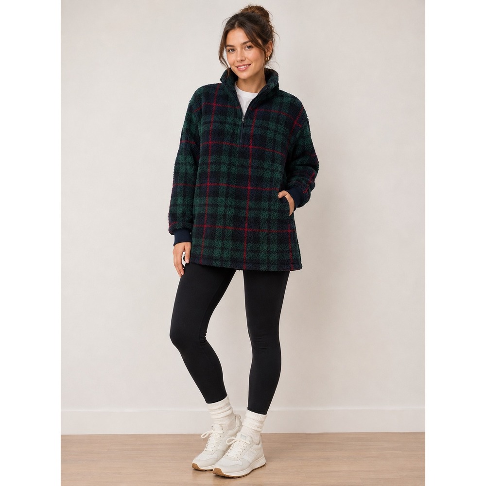 Old Navy Plaid Fleece Quarter Zip Pullover Green Navy Gorpcore Dark Academia M